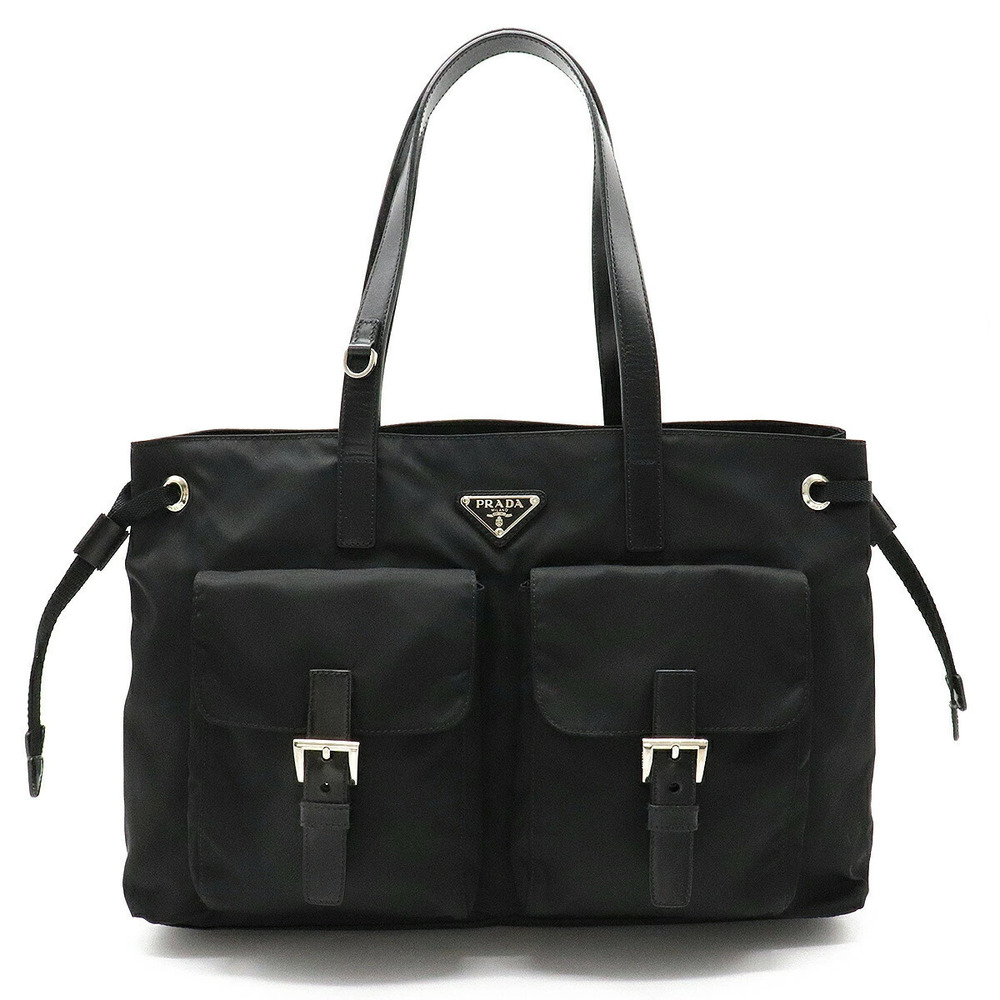 Prada VELA Tote Bag Shoulder Leather NERO Black